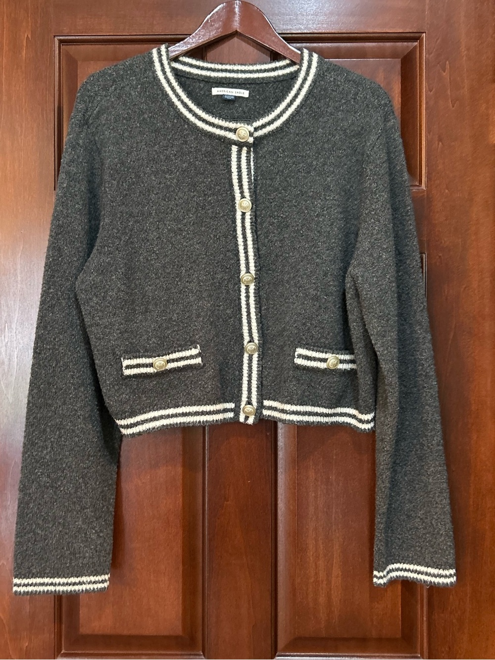 American Eagle Charcoal Gray Contrast Trim Gold Button Cardigan XL